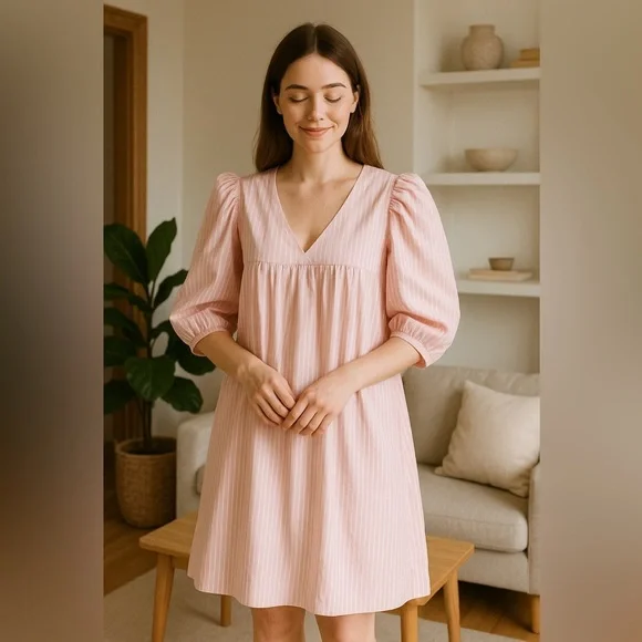 Anthropoogie MABEL Romantic and Feminine Pink Puff Sleeve Babydoll Dress Size M - Picture 1 of 6